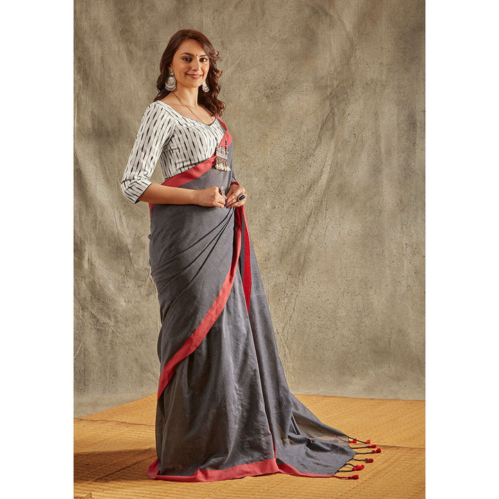 SALWAR STUDIO Grey Solid Cotton Solid Saree Without Blouse