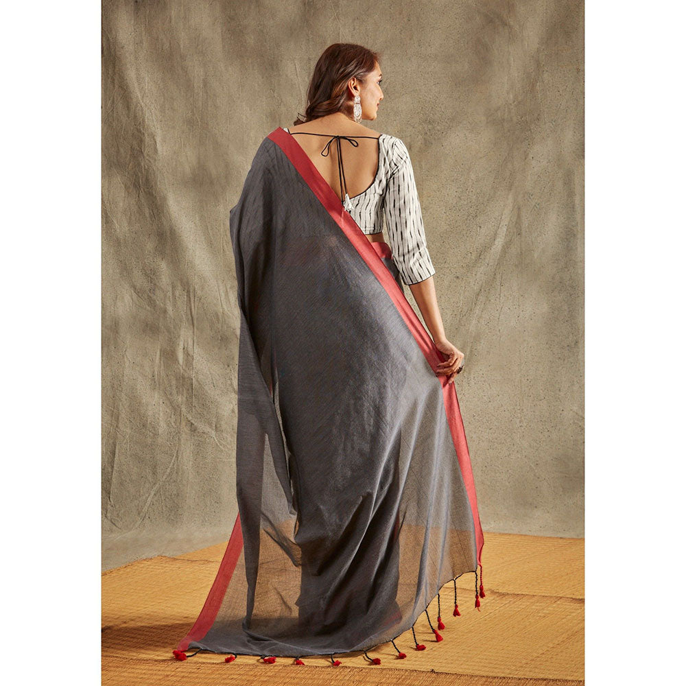 SALWAR STUDIO Grey Solid Cotton Solid Saree Without Blouse