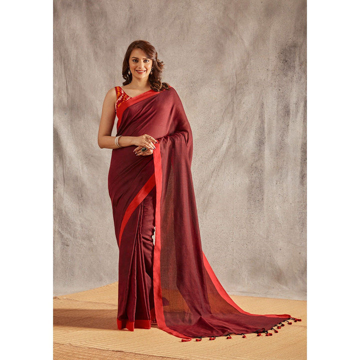 SALWAR STUDIO Red Cotton Solid Saree Without Blouse