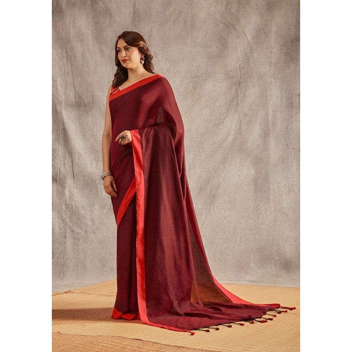 SALWAR STUDIO Red Cotton Solid Saree Without Blouse