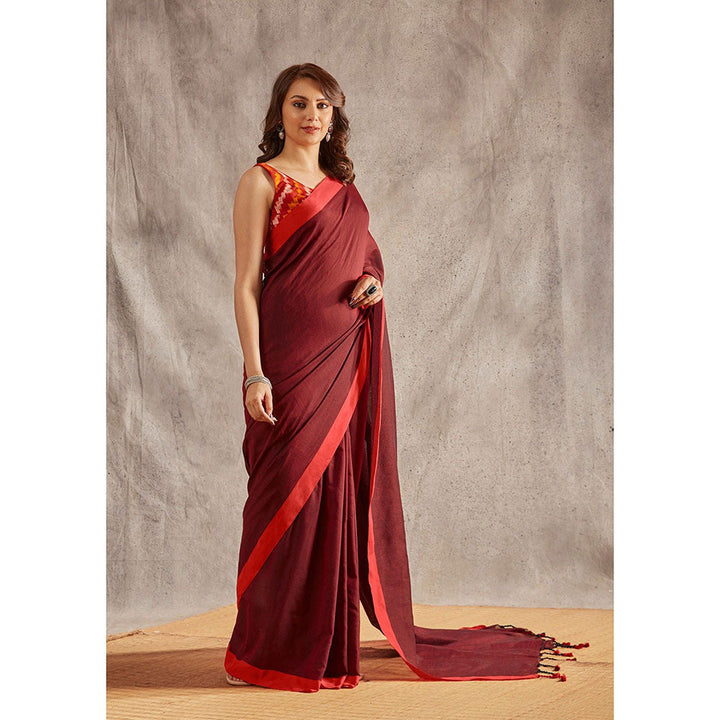 SALWAR STUDIO Red Cotton Solid Saree Without Blouse