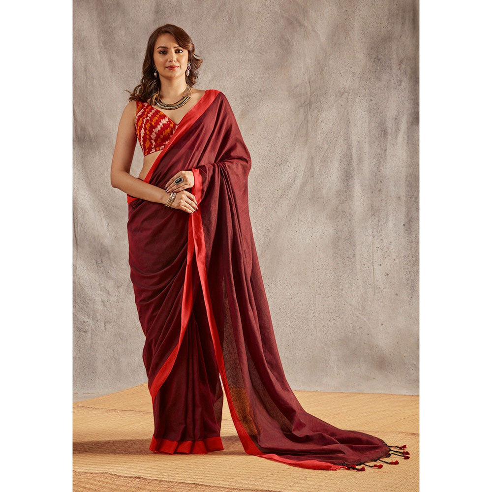 SALWAR STUDIO Red Cotton Solid Saree Without Blouse