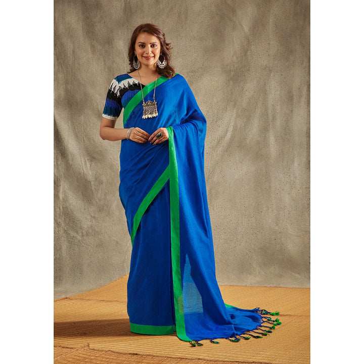 SALWAR STUDIO Blue Solid Cotton Solid Saree Without Blouse