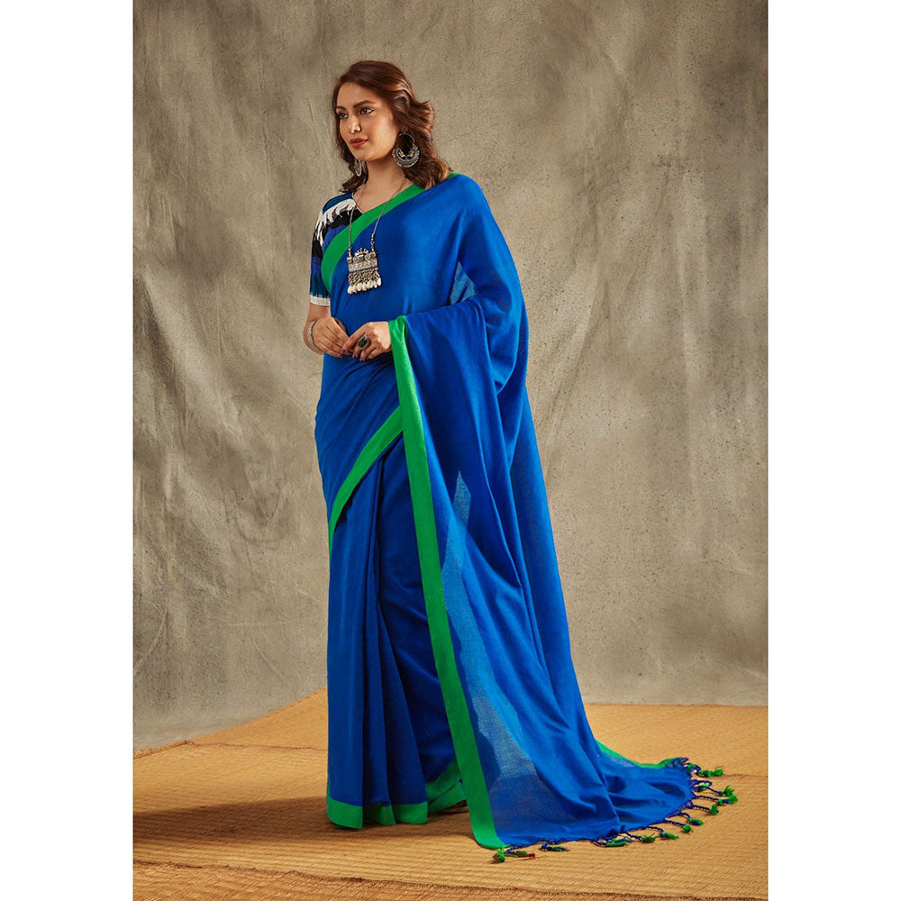 SALWAR STUDIO Blue Solid Cotton Solid Saree Without Blouse