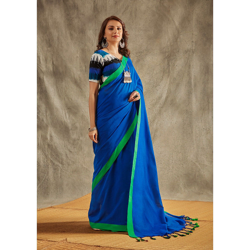 SALWAR STUDIO Blue Solid Cotton Solid Saree Without Blouse