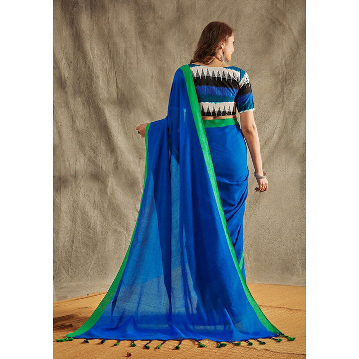 SALWAR STUDIO Blue Solid Cotton Solid Saree Without Blouse