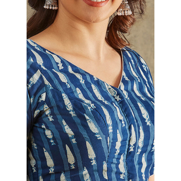 SALWAR STUDIO Blue Block Printed Cotton Stitched Blouse