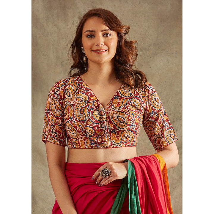 SALWAR STUDIO Red V-Neck Kalamkari Stitched Blouse