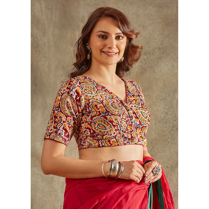 SALWAR STUDIO Red V-Neck Kalamkari Stitched Blouse