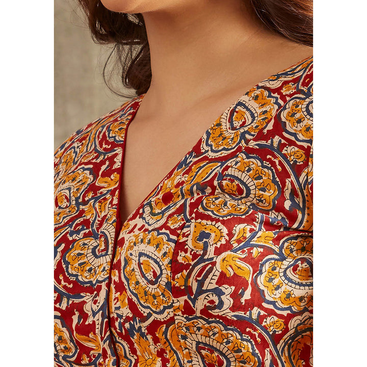 SALWAR STUDIO Red V-Neck Kalamkari Stitched Blouse