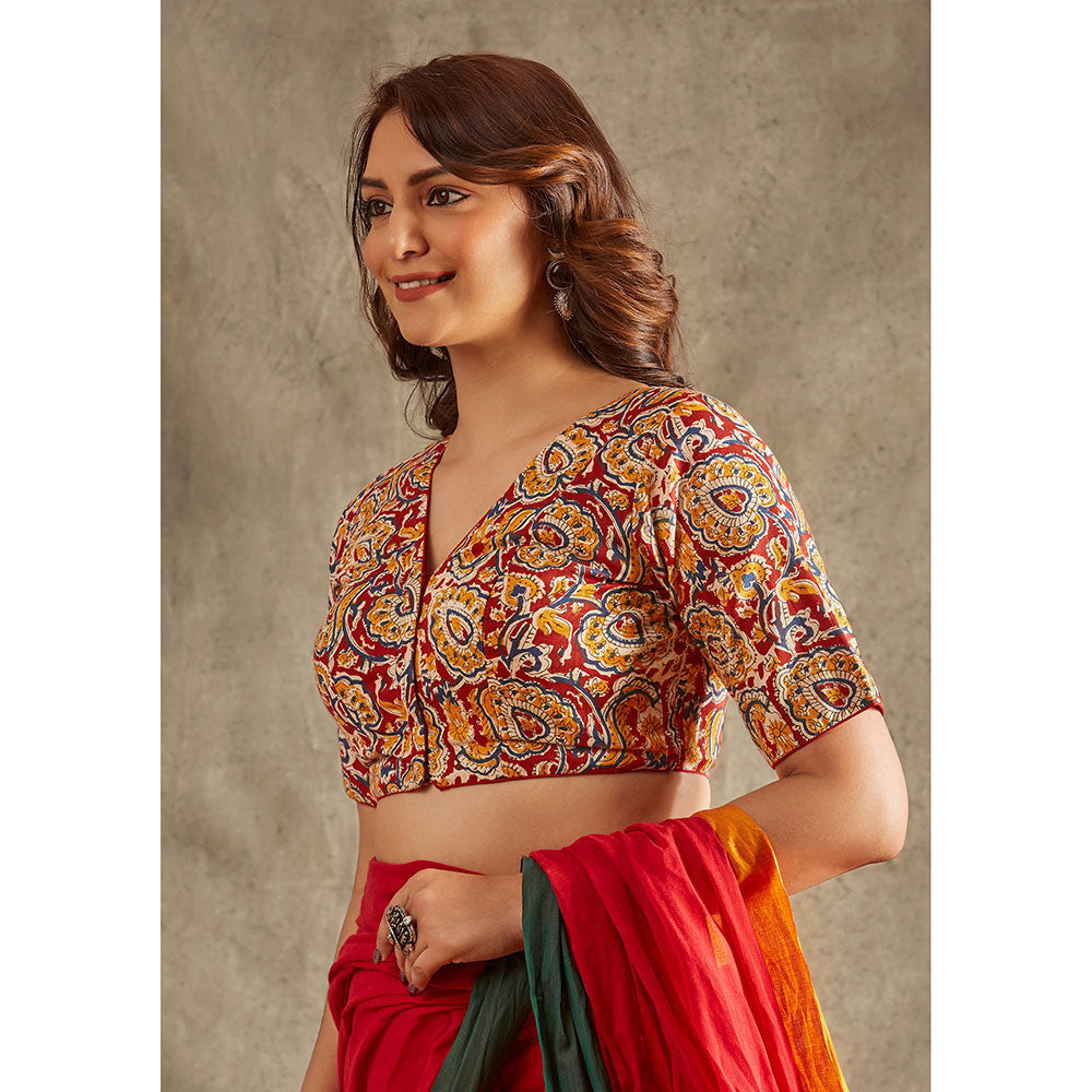 SALWAR STUDIO Red V-Neck Kalamkari Stitched Blouse