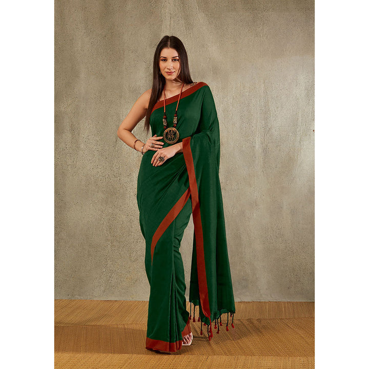 SALWAR STUDIO Green Cotton Solid Saree Without Blouse