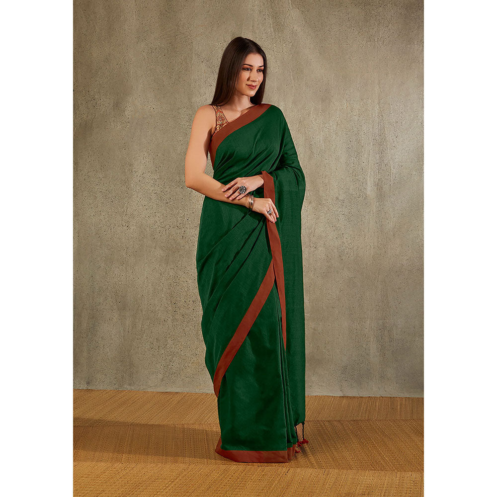 SALWAR STUDIO Green Cotton Solid Saree Without Blouse