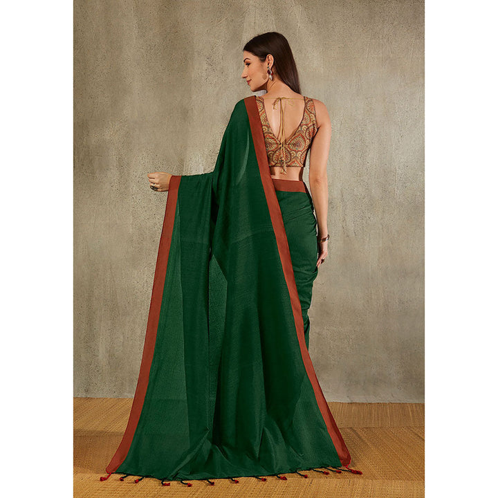 SALWAR STUDIO Green Cotton Solid Saree Without Blouse