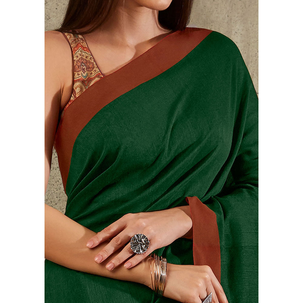 SALWAR STUDIO Green Cotton Solid Saree Without Blouse