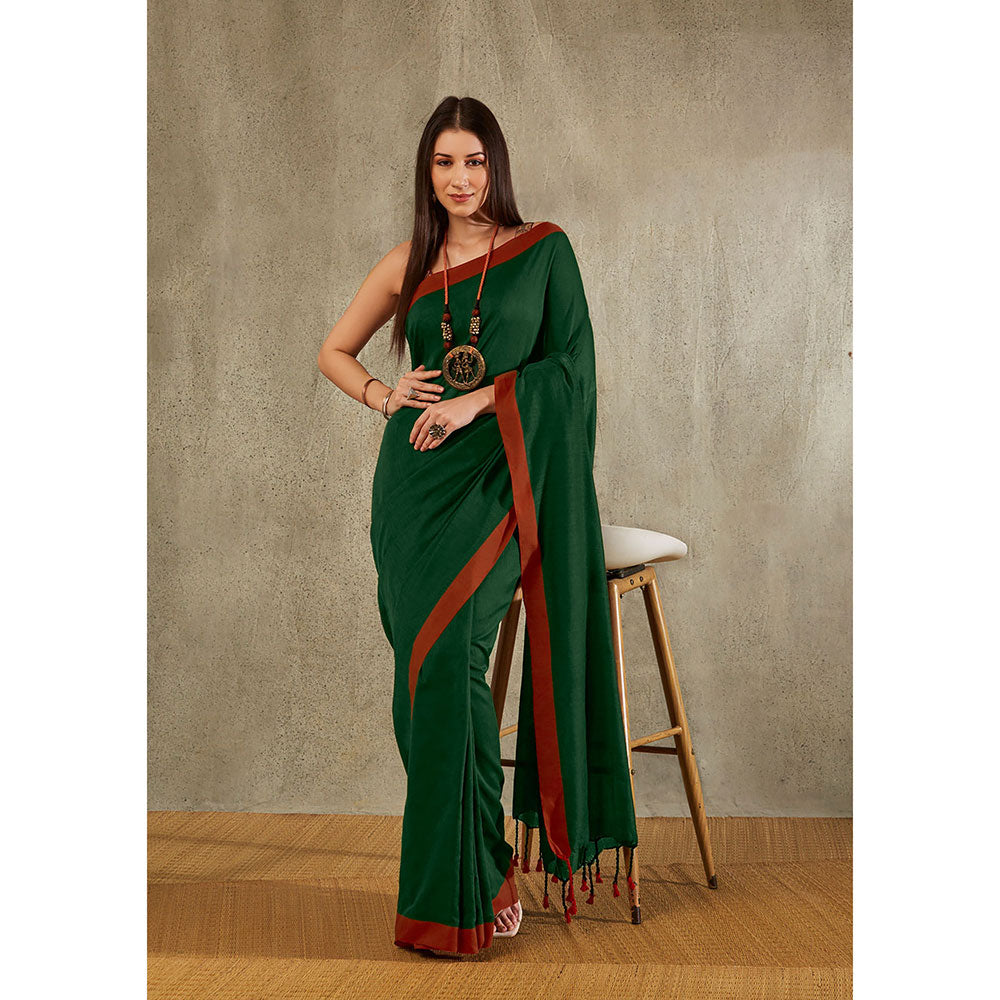 SALWAR STUDIO Green Cotton Solid Saree Without Blouse