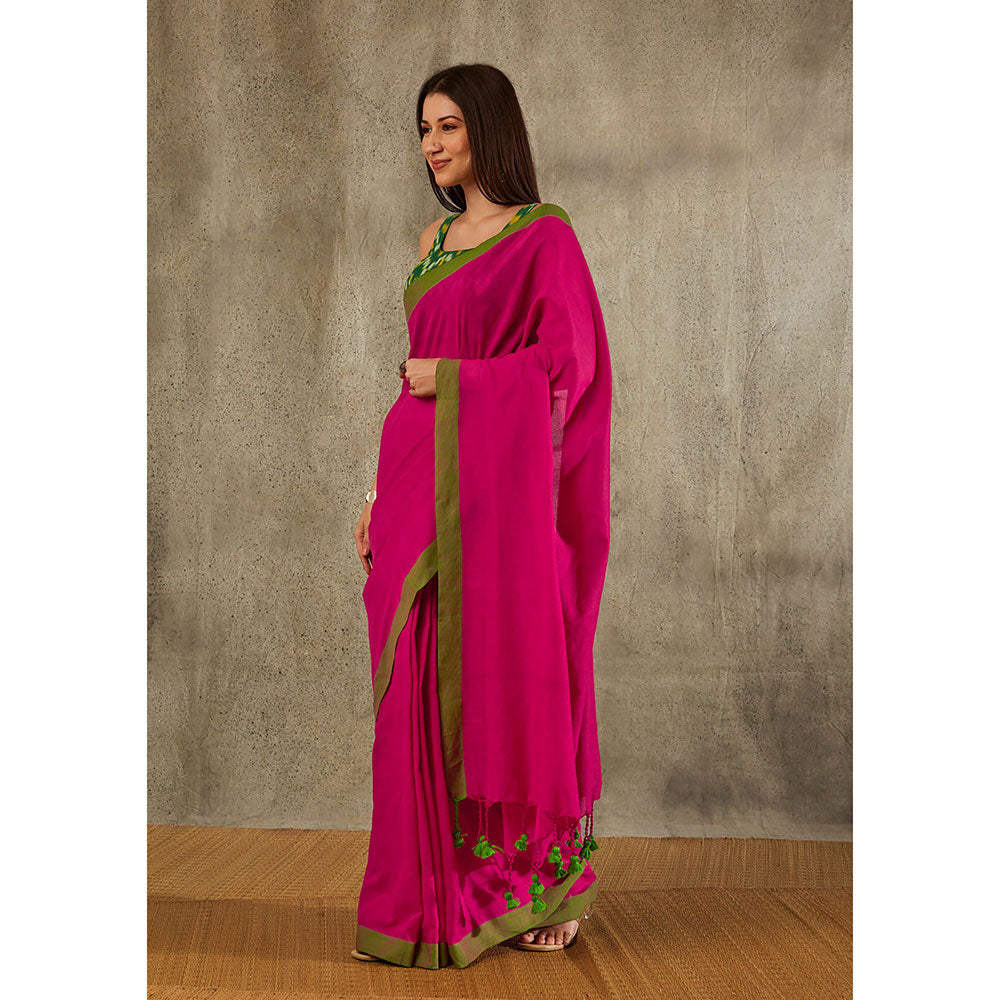 SALWAR STUDIO Pink Cotton Solid Saree Without Blouse