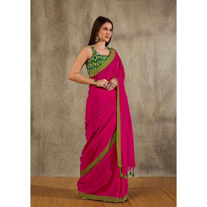 SALWAR STUDIO Pink Cotton Solid Saree Without Blouse