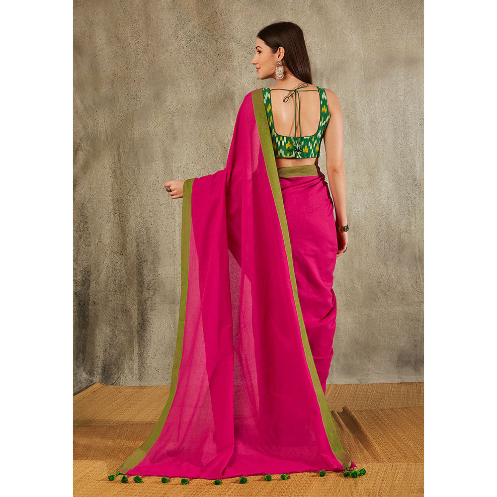 SALWAR STUDIO Pink Cotton Solid Saree Without Blouse