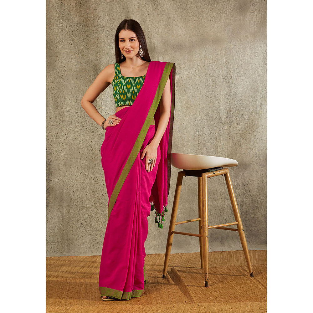 SALWAR STUDIO Pink Cotton Solid Saree Without Blouse