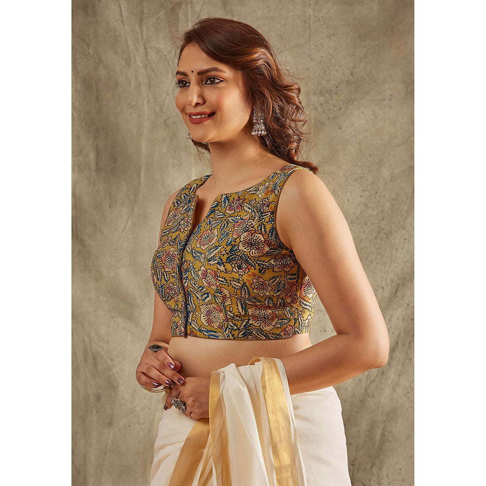 SALWAR STUDIO Yellow Kalamkari Cotton Blouse