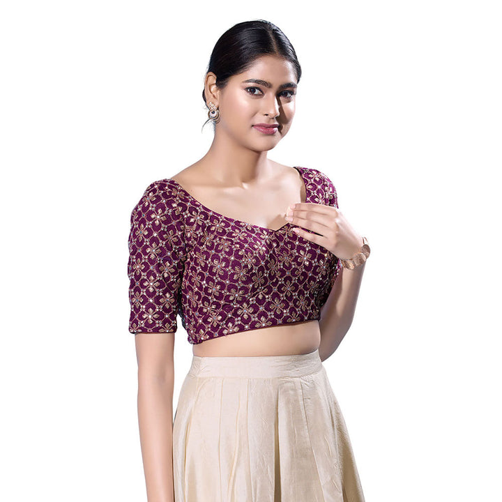 SALWAR STUDIO Wine Silk Embroidered Stitched Blouse