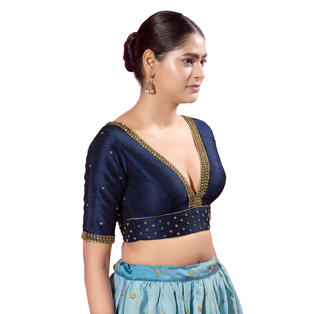 SALWAR STUDIO Navy-Blue Mulbury Silk Embroidered Stitched Blouse