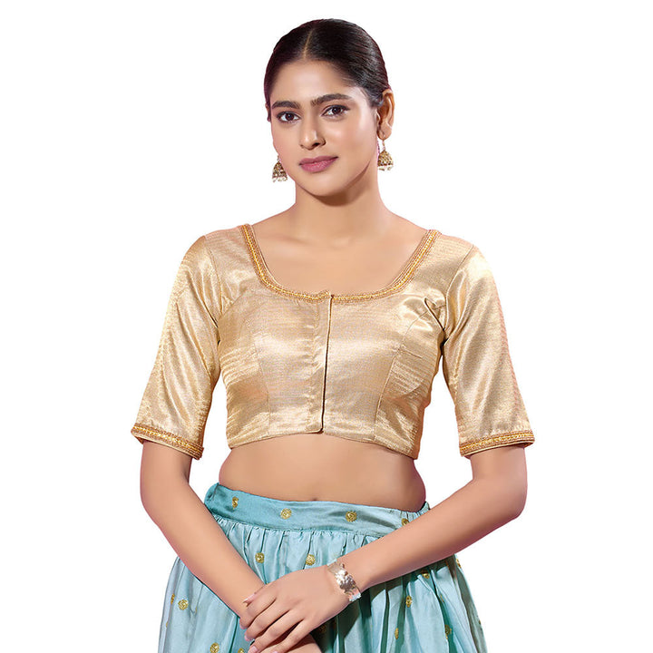 SALWAR STUDIO Gold Tissue Silk Solid Stitched Blouse