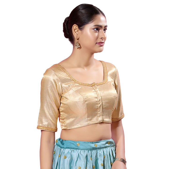 SALWAR STUDIO Gold Tissue Silk Solid Stitched Blouse