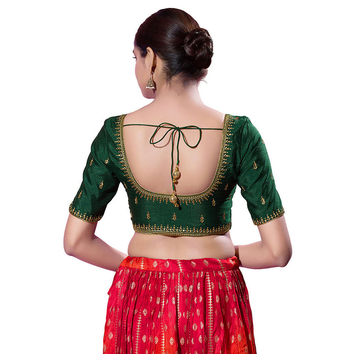 SALWAR STUDIO Bottle-Green Mulbury Silk Embroidered Stitched Blouse