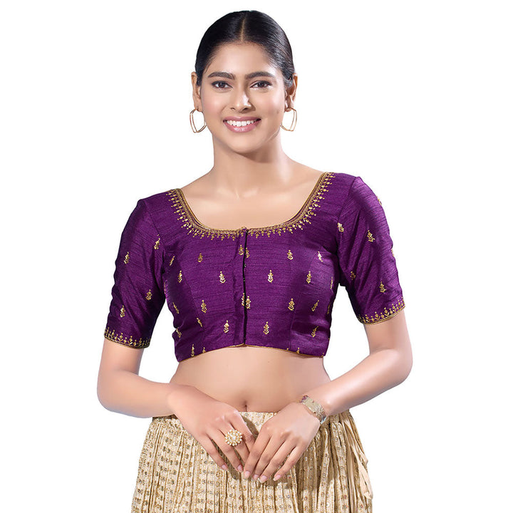 SALWAR STUDIO Purple Mulbury Silk Embroidered Stitched Blouse