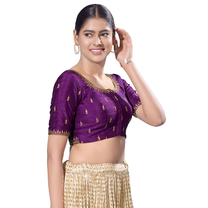 SALWAR STUDIO Purple Mulbury Silk Embroidered Stitched Blouse