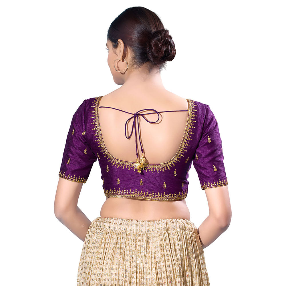 SALWAR STUDIO Purple Mulbury Silk Embroidered Stitched Blouse