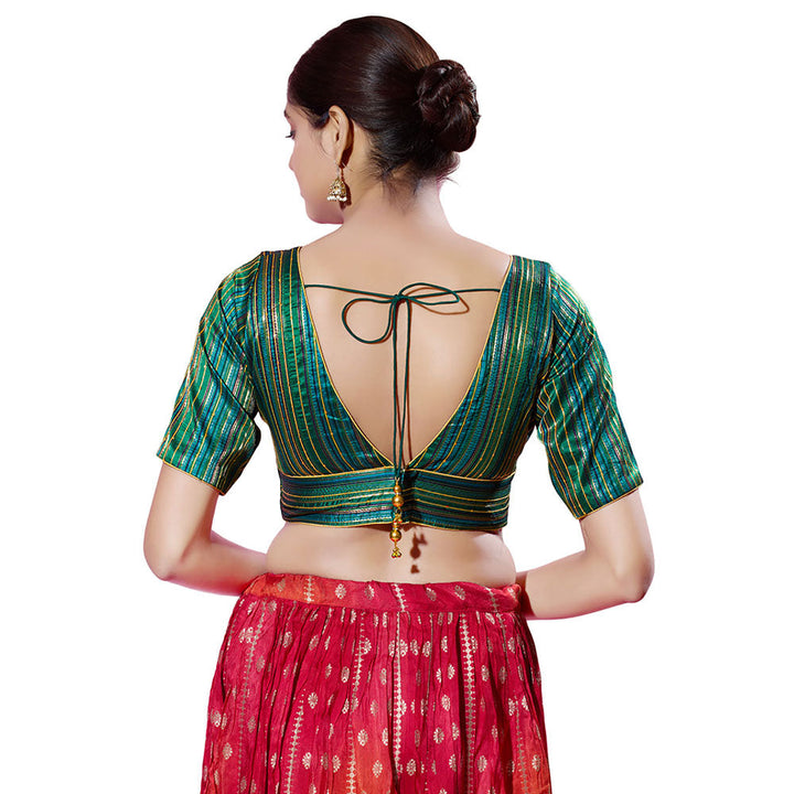 SALWAR STUDIO Bottle-Green Brocade Striped Stitched Blouse