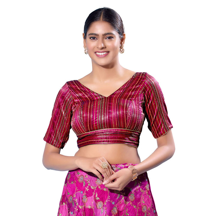 SALWAR STUDIO Magenta Brocade Striped Stitched Blouse