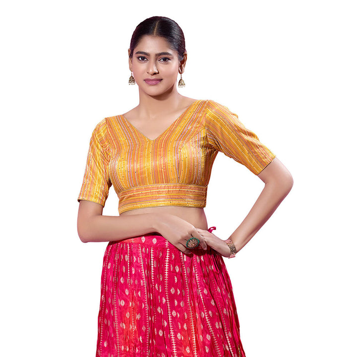 SALWAR STUDIO Mustard Brocade Striped Stitched Blouse