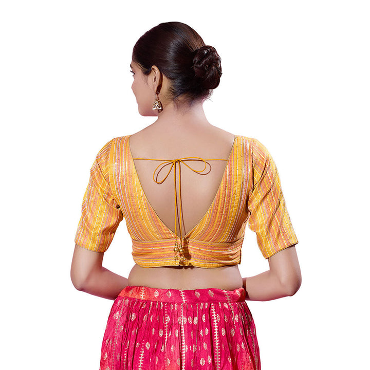 SALWAR STUDIO Mustard Brocade Striped Stitched Blouse