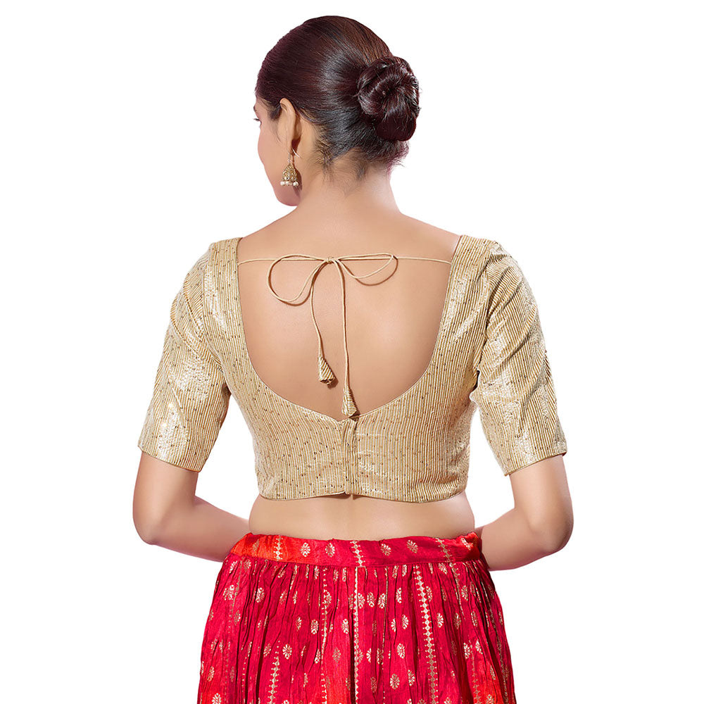 SALWAR STUDIO Light-Gold Silk Embellished Stitched Blouse