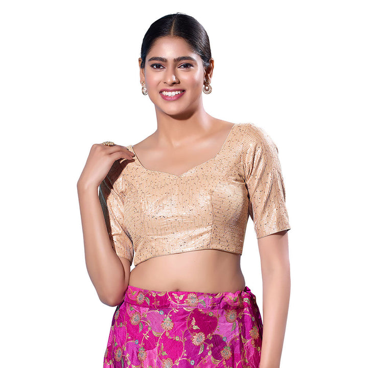 SALWAR STUDIO Rose-Gold Silk Embellished Stitched Blouse