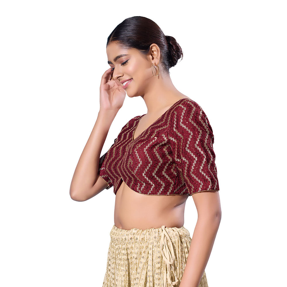 SALWAR STUDIO Maroon Silk Woven Design Stitched Blouse