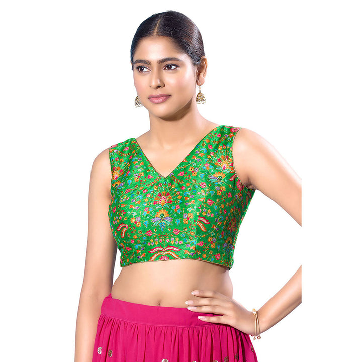 SALWAR STUDIO Parrot-Green Silk Floral Stitched Blouse