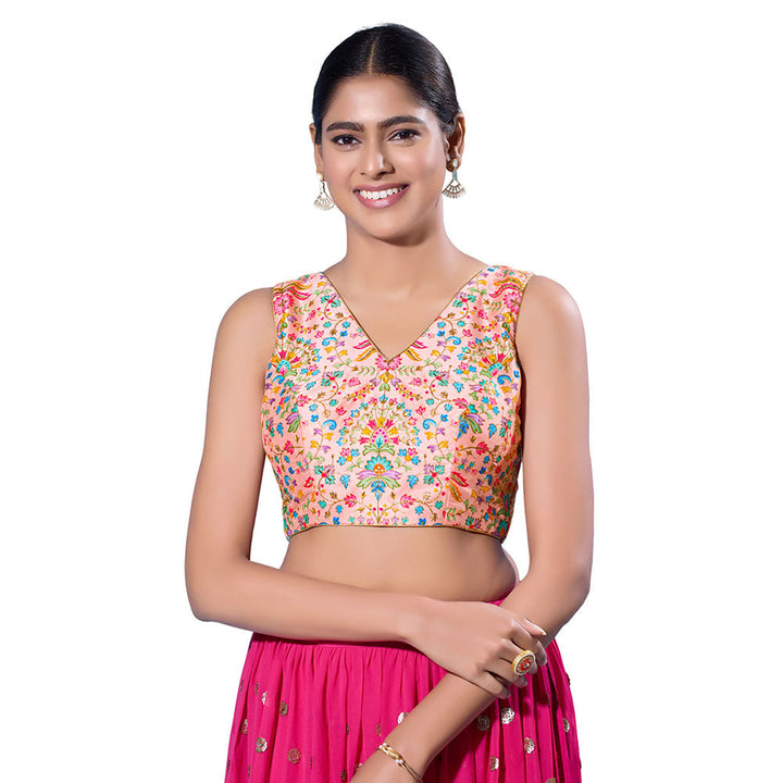 SALWAR STUDIO Peach Silk Floral Stitched Blouse