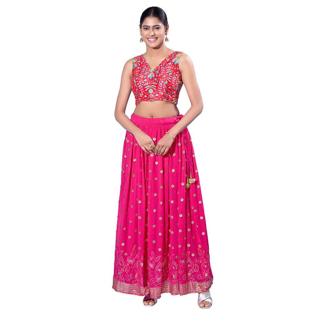 SALWAR STUDIO Tomato-Pink Silk Floral Stitched Blouse