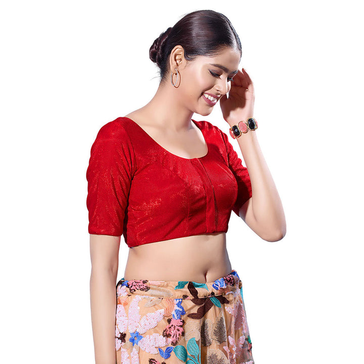 SALWAR STUDIO Red Silk Shimmer Stitched Blouse