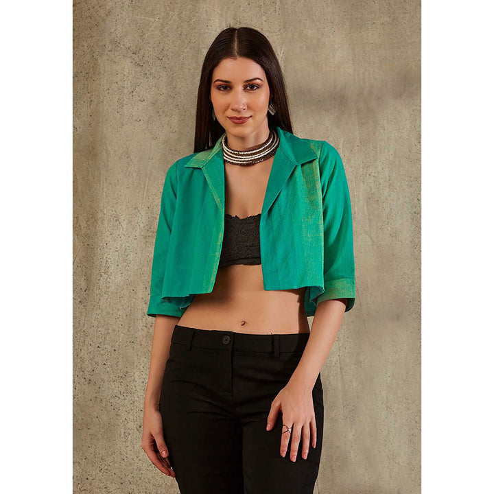 SALWAR STUDIO Green Cotton Shirt Style Crop Jacket