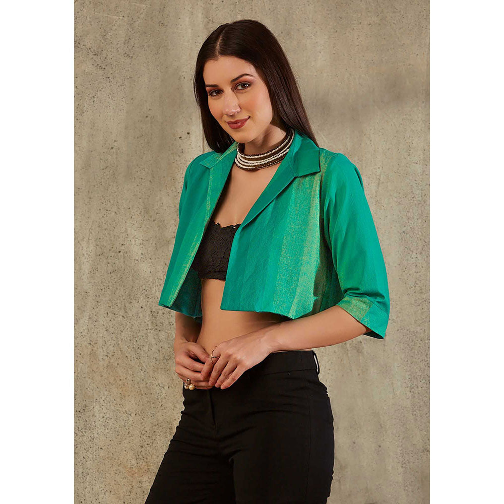 SALWAR STUDIO Green Cotton Shirt Style Crop Jacket