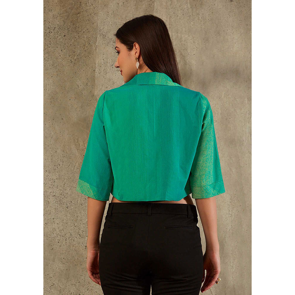 SALWAR STUDIO Green Cotton Shirt Style Crop Jacket