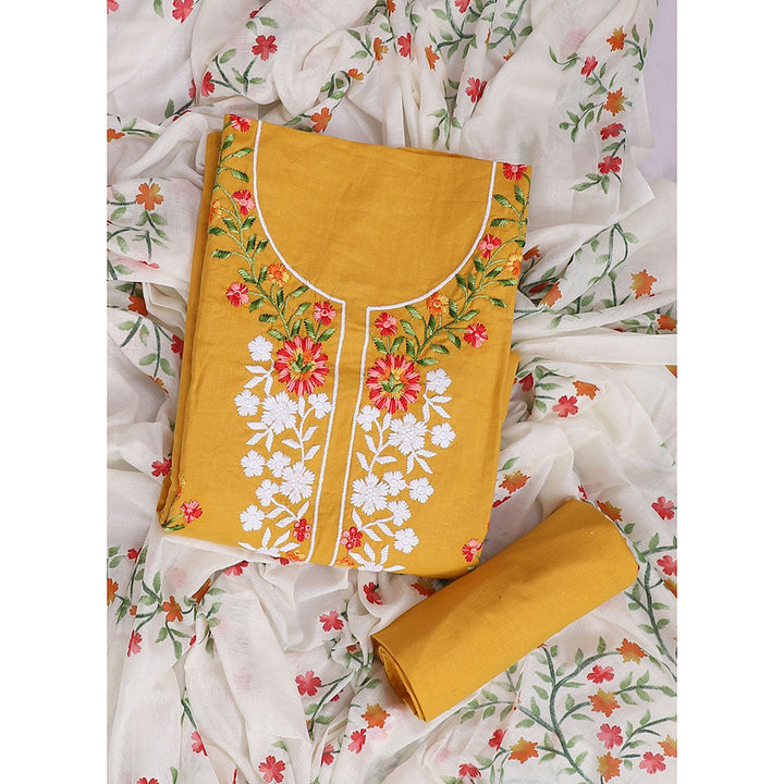 SALWAR STUDIO Mustard Embroidered Unstitched Dress Material (Set of 3)