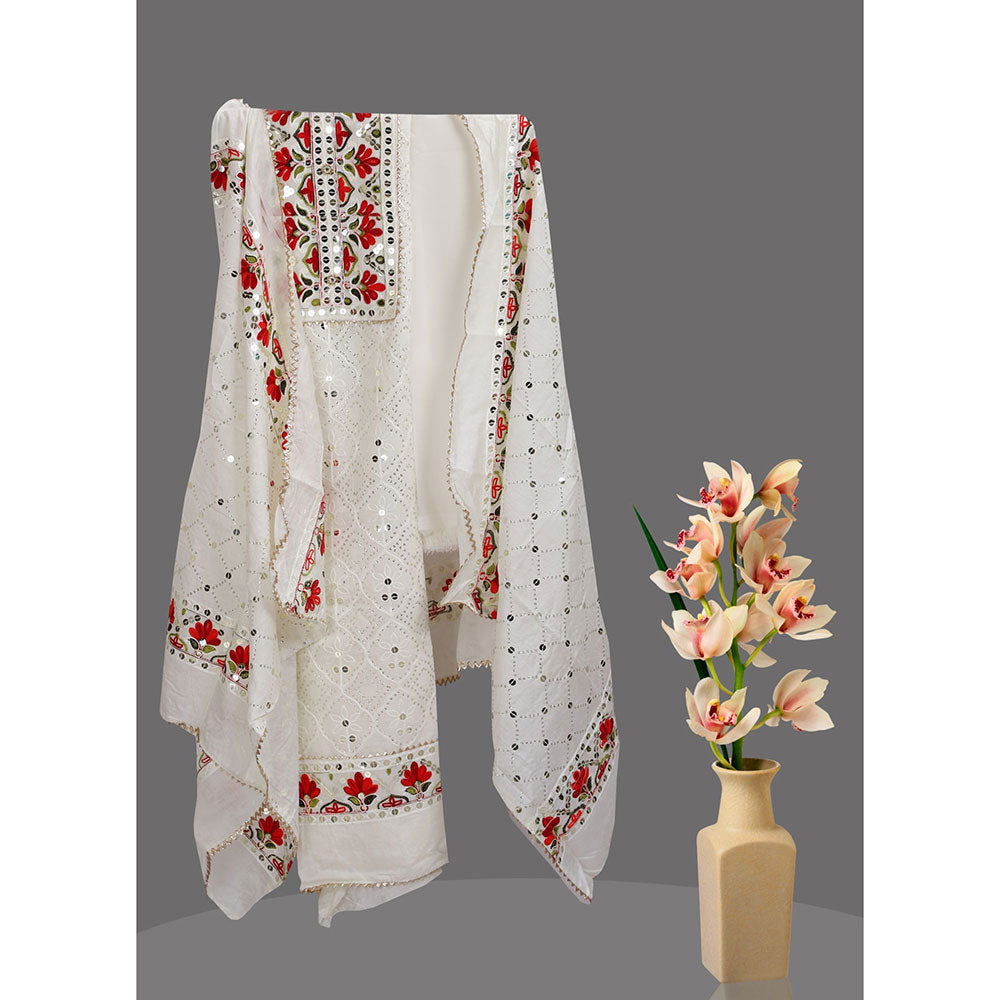 SALWAR STUDIO Off white Embroidered Unstitched Dress Material (Set of 3)