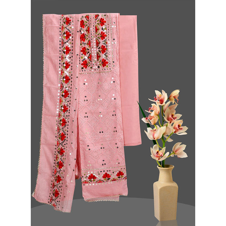 SALWAR STUDIO Pink Embroidered Unstitched Dress Material (Set of 3)